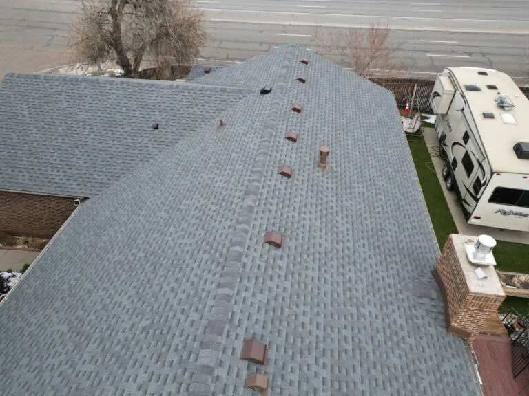 A rooftop with gray shingles, several vent caps, a brick chimney, and an RV parked beside the house. A street and leafless trees are visible in the background.