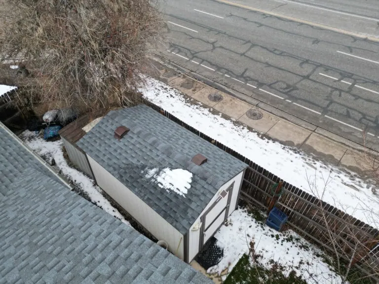 A small shed with a patch of snow on its roof sits beside a road. The yard and sidewalk have patches of snow, and leafless branches hang over the shed. The image is taken from above.