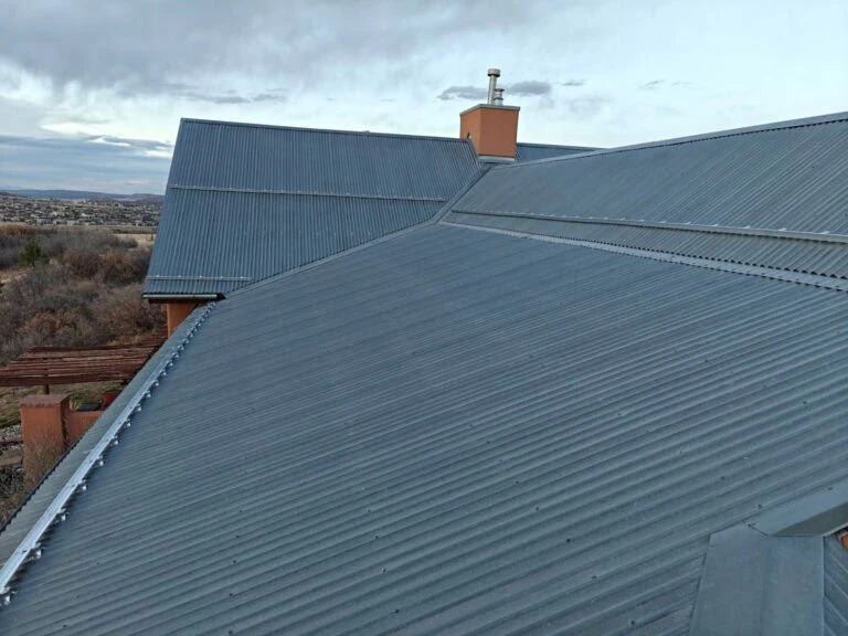 A large grey corrugated metal roof with chimneys, overlooking a landscape with bushes and distant buildings under a cloudy sky.