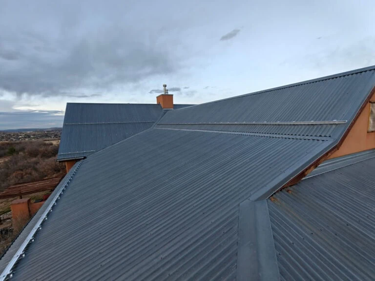 A large gray corrugated metal roof appears on a building under an overcast sky, with a chimney and wooden structures visible in the background. Shrubs and distant landscape are also seen.