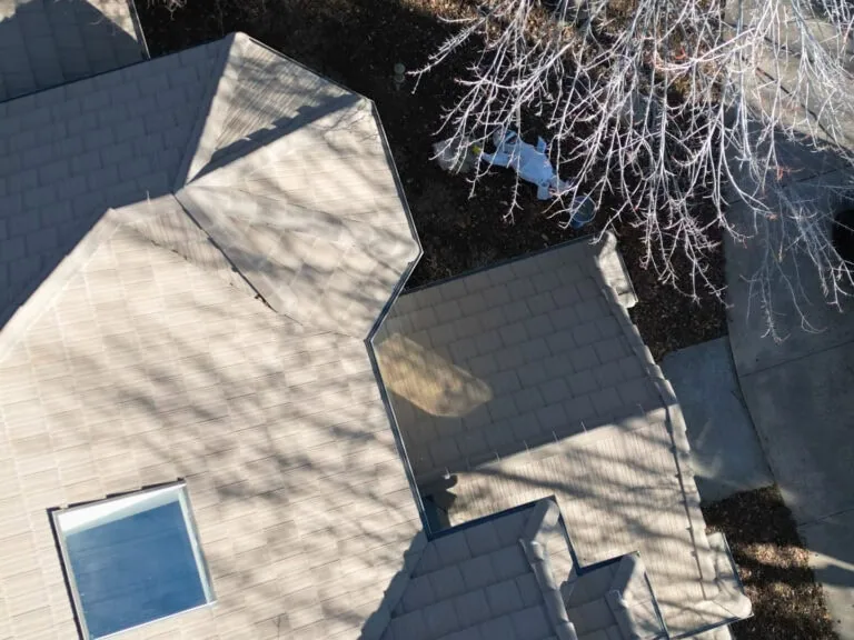 Aerial view of a house roof with a small skylight, leafless tree branches casting shadows, and a person in white standing on the ground near the driveway.