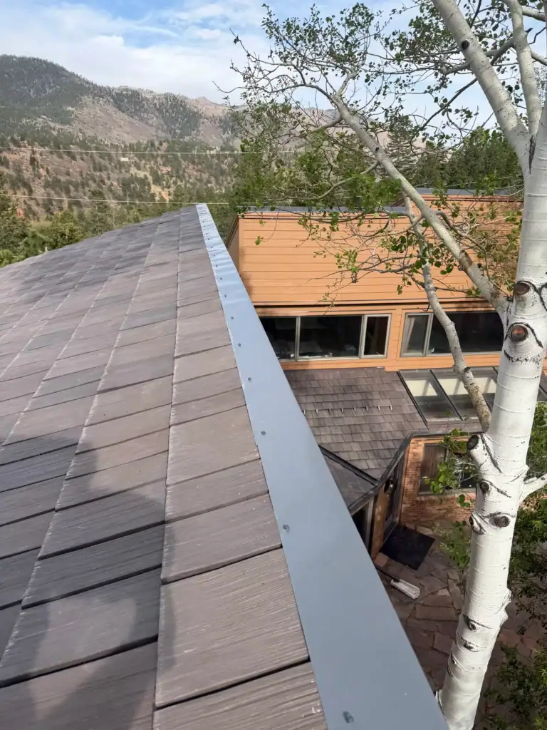 View from a rooftop showing metal edge, roof shingles, a nearby tree, and a tan house below with large windows; forested mountains are visible in the background under a partly cloudy sky.