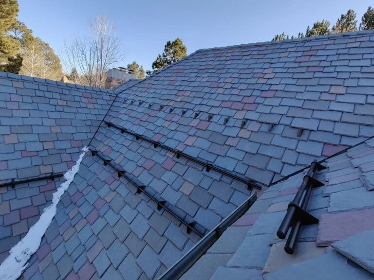 A slate roof with snow guards and a small strip of snow on one section, surrounded by leafless trees and evergreens under a clear blue sky.