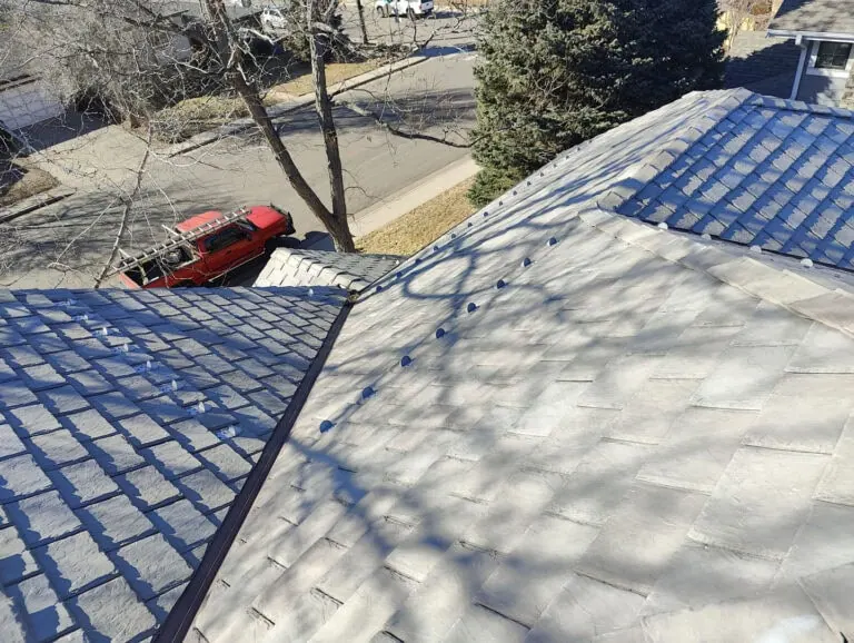 View from a rooftop looking down at gray shingles, tree shadows on the roof, and a red truck parked near a residential street with houses and trees visible in the background.