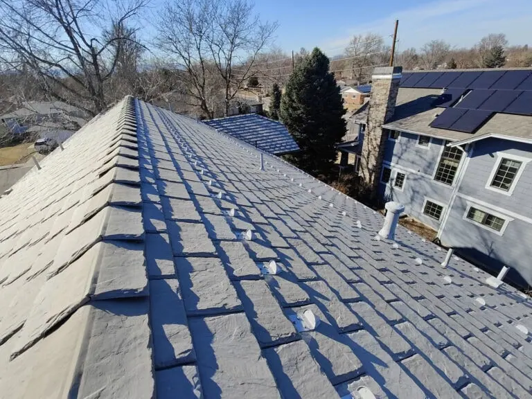 View from a rooftop with gray shingles, showing rows of shingles and vent pipes. Nearby houses, one with solar panels, and leafless trees are visible under a clear blue sky.