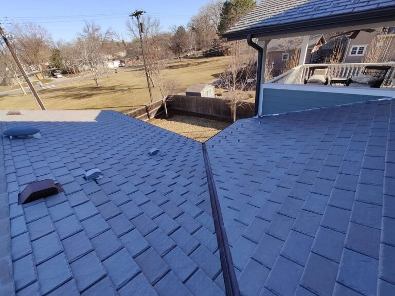 A view from a gray shingled roof overlooking a fenced backyard with trees, a shed, and neighboring houses on a clear, sunny day.
