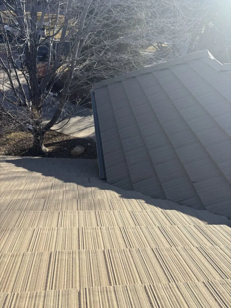 View from a rooftop shows tan shingles in sunlight, bare tree branches, and part of another roof. Shadows from the tree stretch across the roof and driveway below.