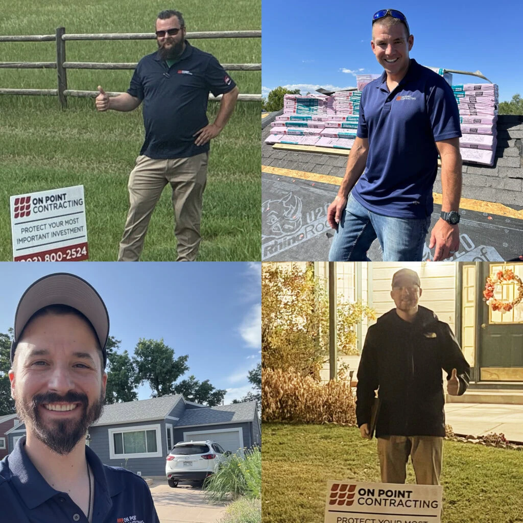 A collage of four men posing outdoors, each wearing an On Point Contracting shirt. Two hold or stand by company signs, one stands by roofing material, and one stands in front of a house at night.